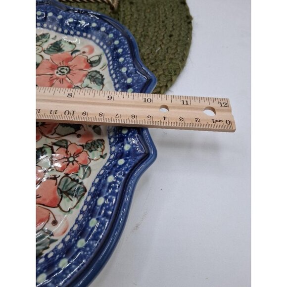 Handmade Polish Pottery Floral Square Plate 10" Scalloped Edge Blue & Coral Flow - Picture 4 of 5